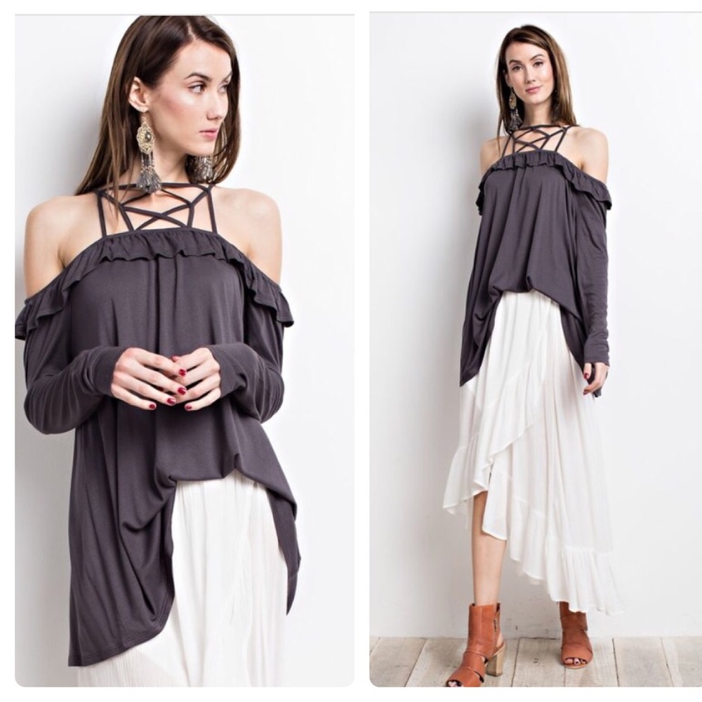 Graphite lace up ruffle top - Picture 4 of 5